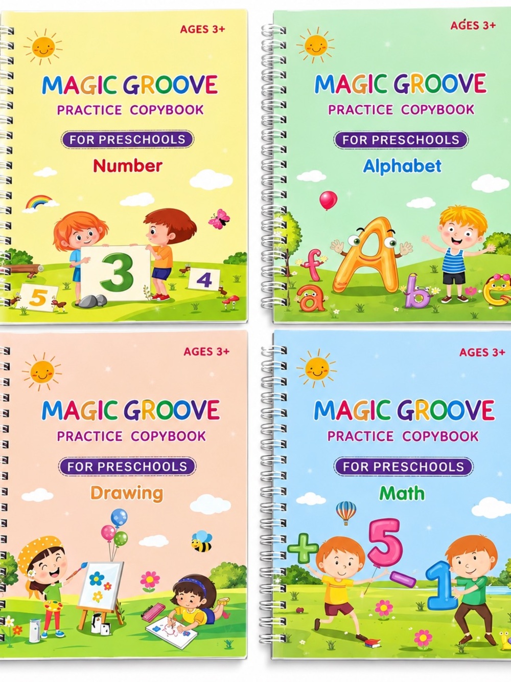 Magic Groove Practice Copybook, set of 4 - Numbers, Alphabet, Drawing, Math
